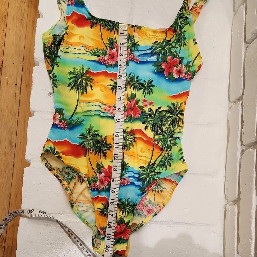 Yellow and Green One Piece Swimwear with Tropical Print and Playful Pom Poms - Picture 5 of 7
